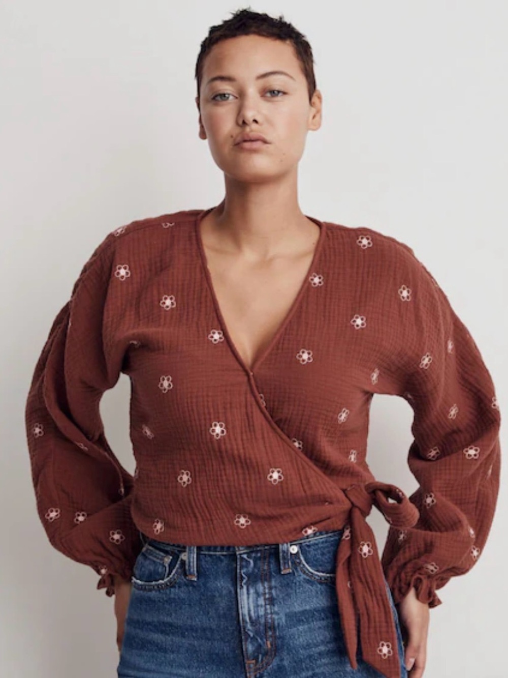 Madewell Lightspun Maira Rust Daisy Embroidery Wrap Top Size S